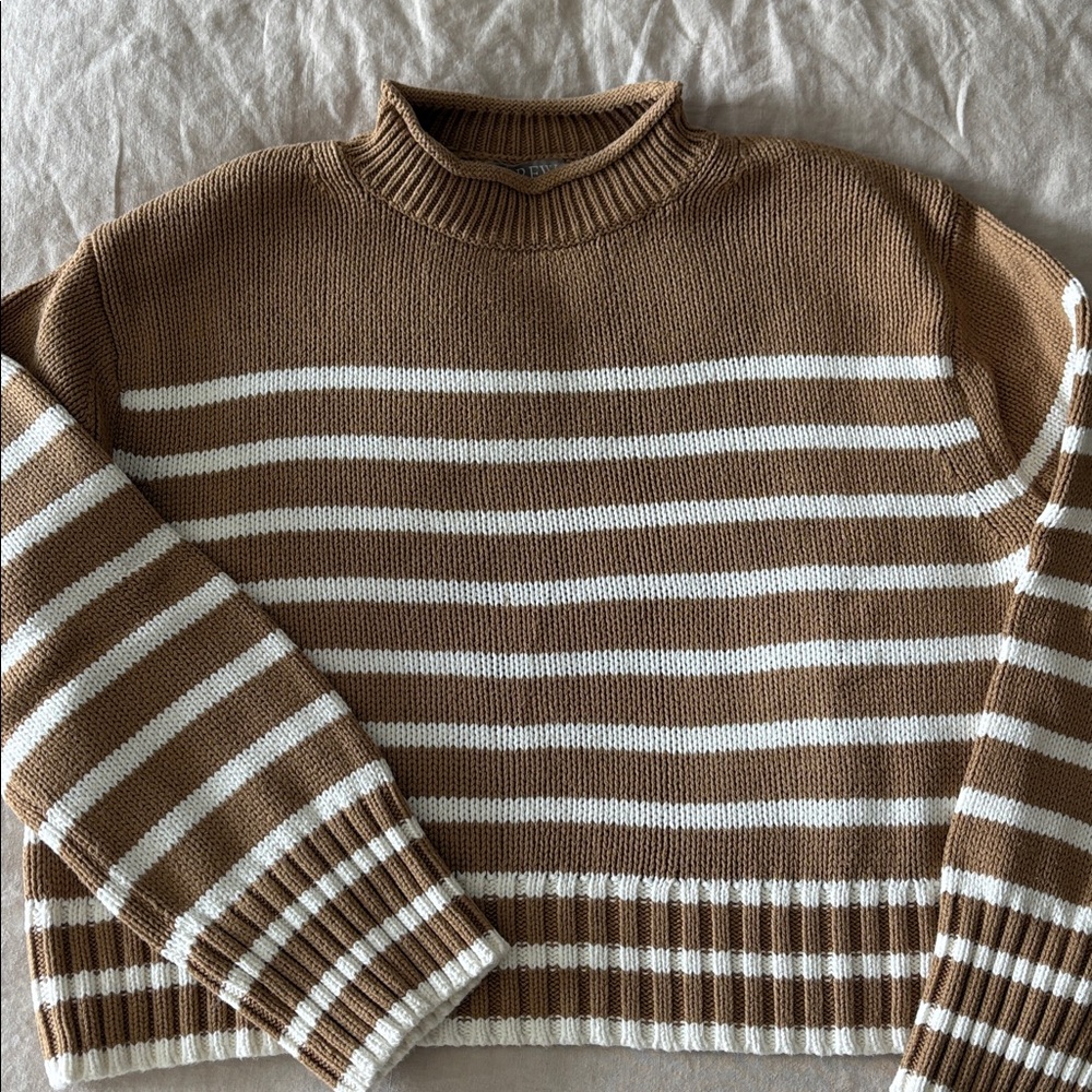 J. Crew Tan and White Striped Roll Neck Sweater